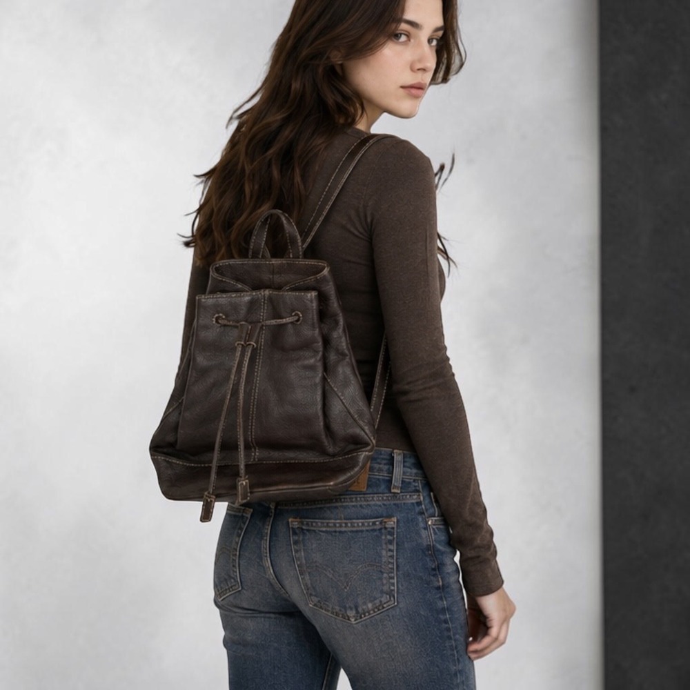 Vintage Dark Brown Pebbled Leather Drawstring Backpack Bella Swan Indie Sleaze